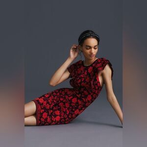 Eva Franco Ruffled Mini Sweater Dress Red and Black Size Large Knit Mature